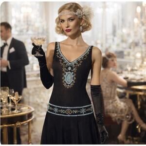 Vtg Vera Cristina 100% Silk Bdd Flapper Drs Sz 8 Blk Turq Art Deco Gatsby Drop W